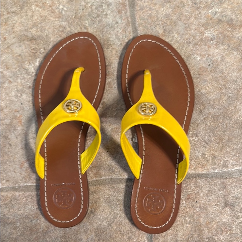 Tory Burch Yellow and Brown Sandals with Thong Design